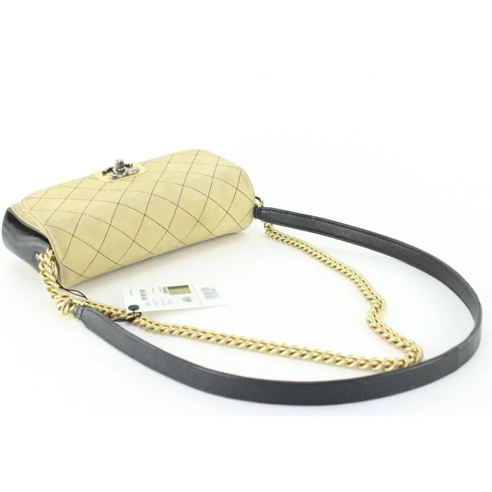 Chanel Beige Quilted Suede x Black Leather Classic Flap Bag 2CC1202